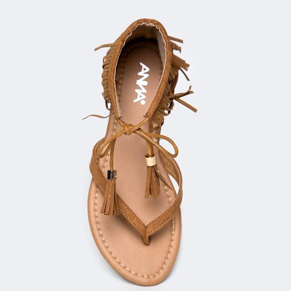 NEW Tan Fringe Ankle Cuff Lace Up Boho Flat Sandal Thong Open Toe - Picture 5 of 5